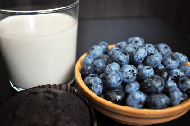 健康饮食甜点-坚果，浆果，巧克力，蔬菜牛奶图片下载