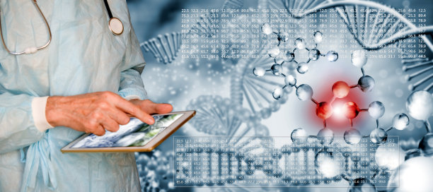 程式化的DNA链和作出诊断的医生的图像图片下载