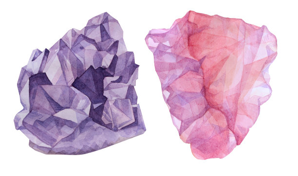 设置紫水晶和玫瑰石英矿物水彩画孤立在白色。一个宝石。艺术创意的紫色对象贴纸，明信片，包装，背景墙纸图片下载