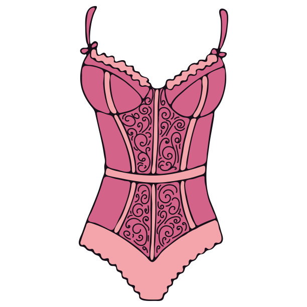 女性性感内衣-胸罩和内裤，粉色矢量元素涂鸦风格与黑色轮廓图片下载