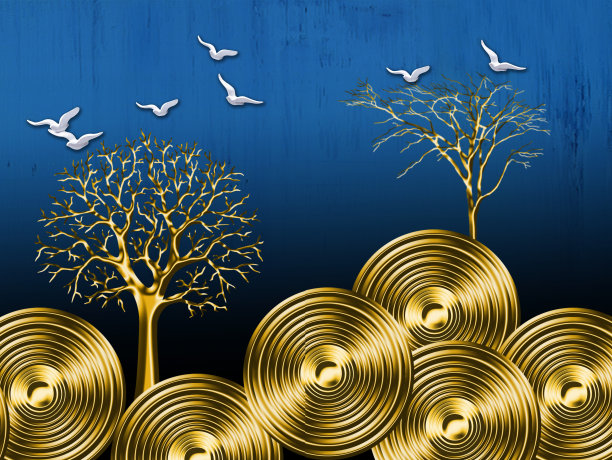 3d壁画抽象墙纸与金色的树和圆圈。蓝色背景下的白鸟图片下载