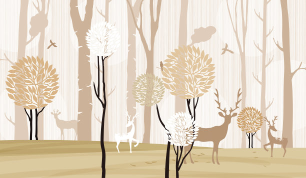 3d现代艺术壁画墙纸与深蓝色丛林，森林背景。金色的鹿，黑色的圣诞树，山，月亮和白色的鸟。适合用作墙上的框架。图片下载