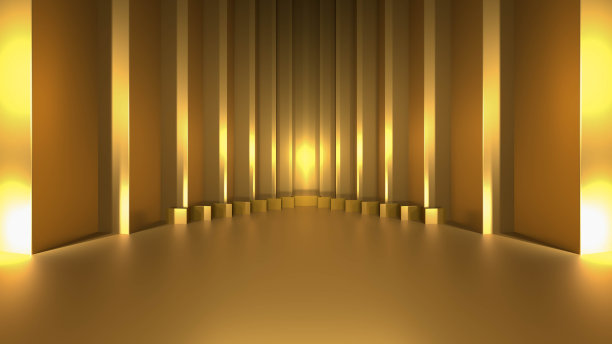 舞台领奖台金黄色与照明表面产品模板。三维渲染图片下载
