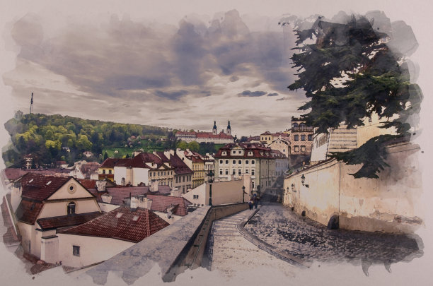 布拉格街道的水彩效果，捷克共和国图片下载