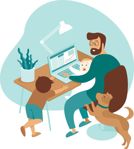 忙碌的父亲在家工作，带着孩子和狗图片下载