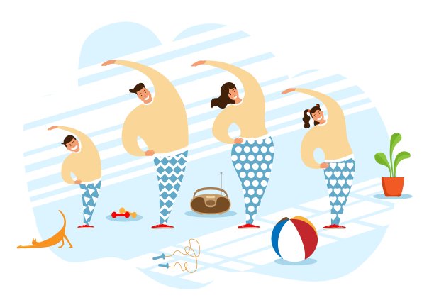 快乐家庭做早操。在家里或健身房健身。运动人士积极的生活方式。图片下载