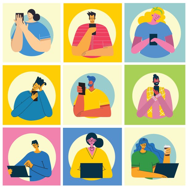 一组不同的年轻人使用手机在互联网上社交图片下载