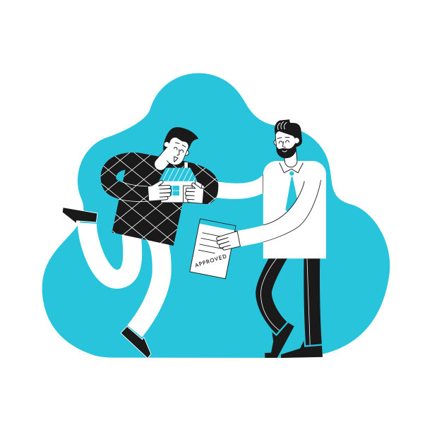 矢量平面插图。卡通客户持家，银行批准贷款后抵押经纪人给他接受了合同买房。成功的交易。快乐的年轻morgagor。简约的概念图片下载