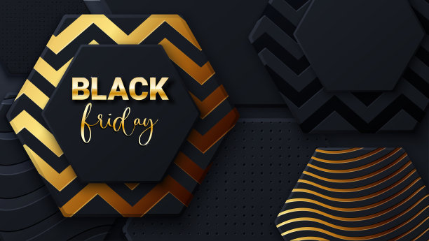黑色星期五的促销横幅或海报上有黑色和金色的蜂窝瓷砖。黑色星期五的商业横幅，3d形状和金色字母。六角形几何模式。最小的黑色背景蜂窝状现代封面，广告横幅，网页图片下载