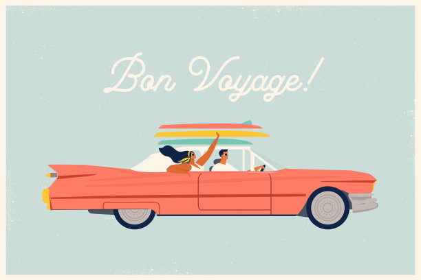 年轻的时髦快乐的潮人夫妇有爱的旅行道路由红色的敞篷车。笑时尚的女孩和驾驶男孩在暑假在平面矢量卡通插图。图片下载