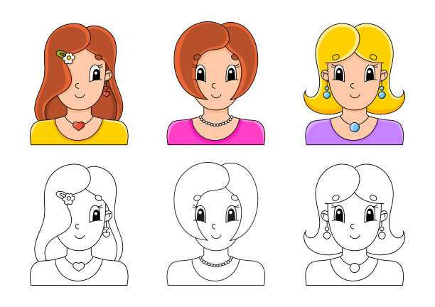 为孩子设置着色页。可爱的卡通人物。黑色的中风。与样本。矢量插图。图片下载