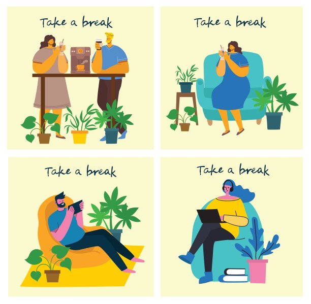 休息一下，拼贴插图。人们休息和喝咖啡，在椅子和沙发上使用平板电脑。平面向量的风格。图片下载