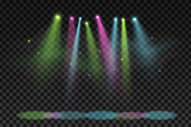彩色聚光灯为聚会孤立在一个黑暗透明的背景。表演和舞台的元素。节日的背景。晚上迪斯科。矢量插图。图片下载
