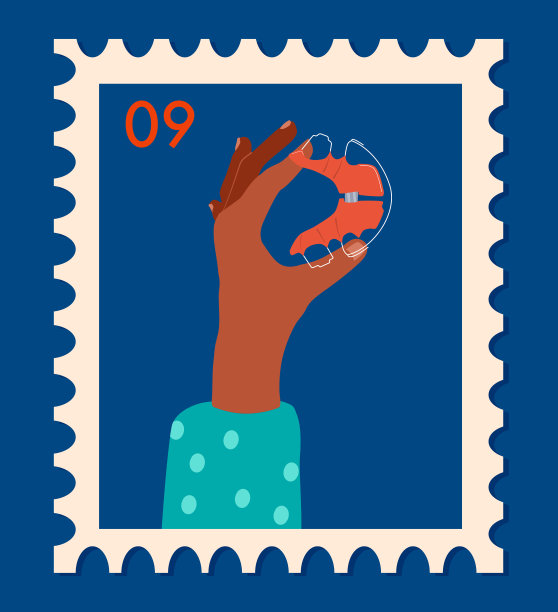 女性手握矫形器或正畸固位器。复古邮票。口腔护理及日常护理。咬校正。国际牙医日。图片下载