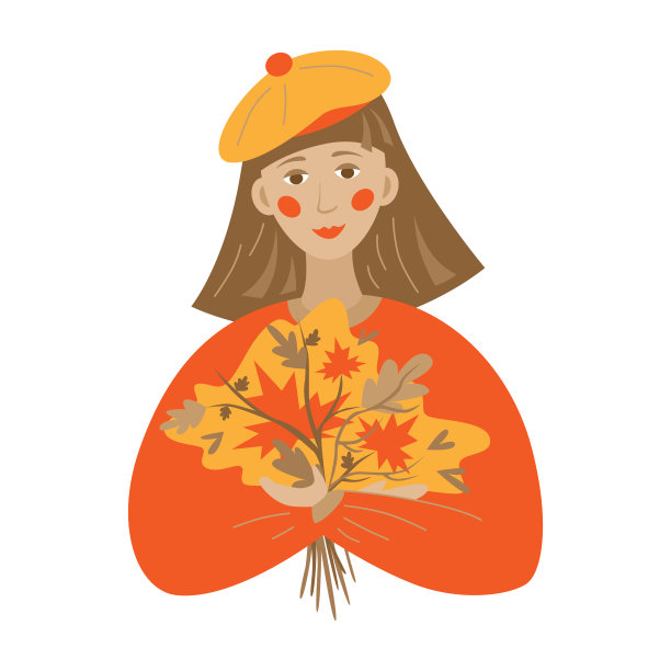 秋天的女孩。一个留着棕色短发的女孩，捧着一束秋天的花束。矢量平面插图，孤立的图像图片下载