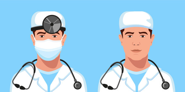 男医生，耳鼻喉科在一个医疗帽，有和没有医疗面罩，头部反射器，听诊器化身设置。医疗个人。治疗师。医院的护士。图片下载