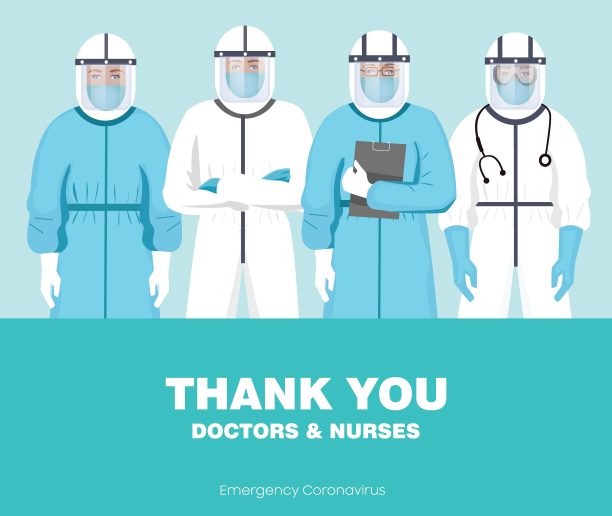 感谢在医院工作的医生和护士，抗击新冠肺炎，医生媒介插画。医务人员防护服、医用眼镜、口罩。医生防护服图片下载
