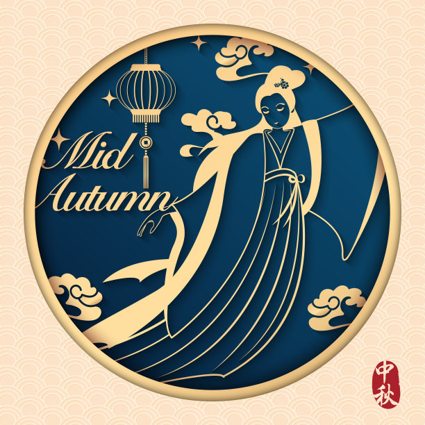 复古风格的中国中秋节浮雕艺术满月灯笼，云星星和美丽的女人嫦娥传说。中文:中秋节图片下载