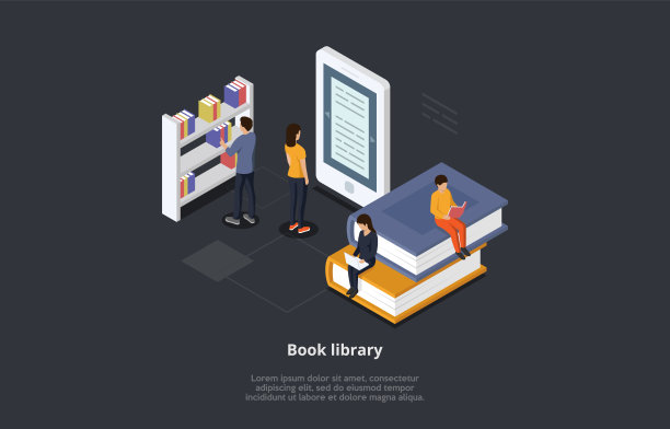 等距在线图书馆概念。技术和文学。男性和女性角色阅读书籍，在网上搜索必要的信息，在网上图书馆学习。三维矢量图图片下载