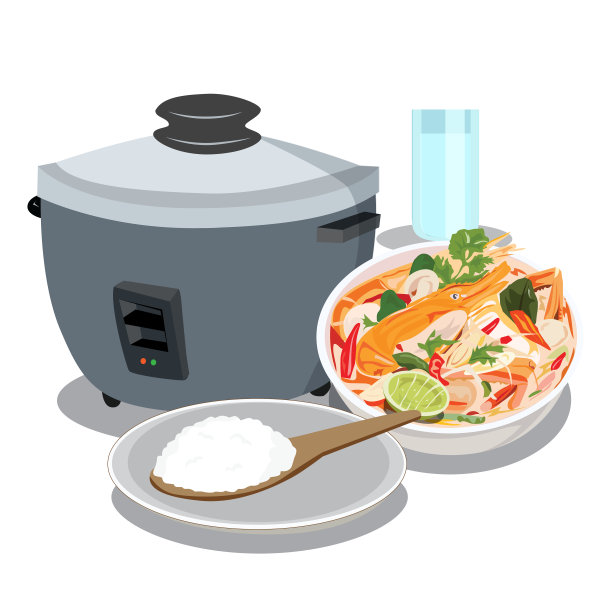 矢量插图设置食物，米饭，冬阴功，玻璃在白色的背景。图片下载