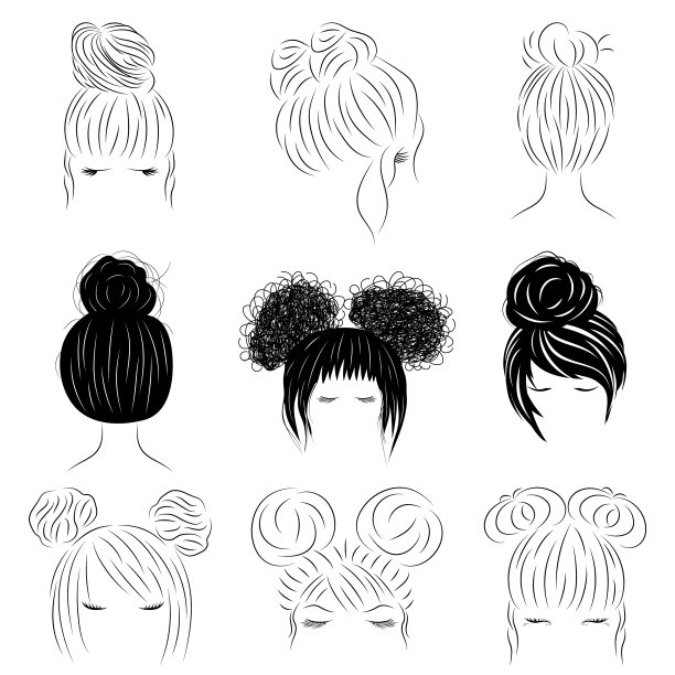 手画线条艺术的妇女剪影与发髻图片下载