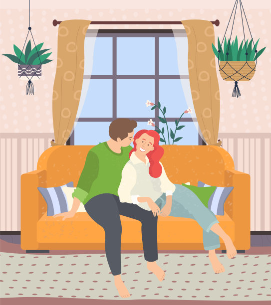 一对夫妇坐在家里客厅的沙发上图片下载