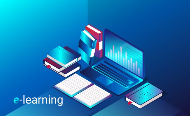 蓝色背景的笔记本电脑和学生桌上的书，矢量图片下载