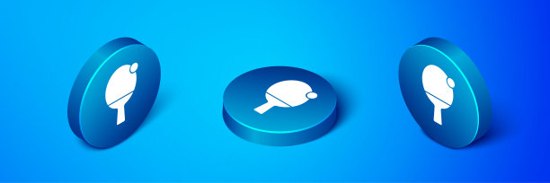 乒乓球图标隔离在蓝色背景上的等距球拍。蓝色圆按钮。向量图片下载