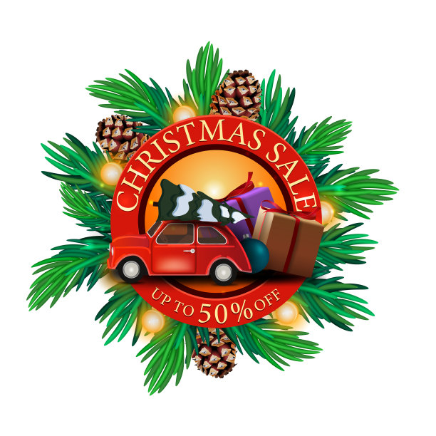 圣诞节销售，高达50%的折扣，圆形的折扣横幅与圣诞树的树枝和红色古董车载着圣诞树图片下载