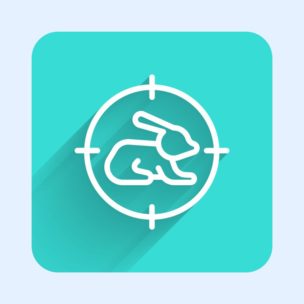 用十字准星在兔子上狩猎，图标与长阴影隔离。狩猎俱乐部的标志上有兔子和目标。瞄准野兔的步枪镜头。绿色广场按钮。向量图片下载