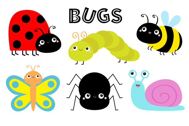 瓢虫瓢虫，绿毛虫，蝴蝶，蜘蛛，瓢虫蜜蜂，蛇，甲虫。昆虫。可爱的卡通可爱的婴儿动物角色。平面设计。白色背景。孤立。图片下载