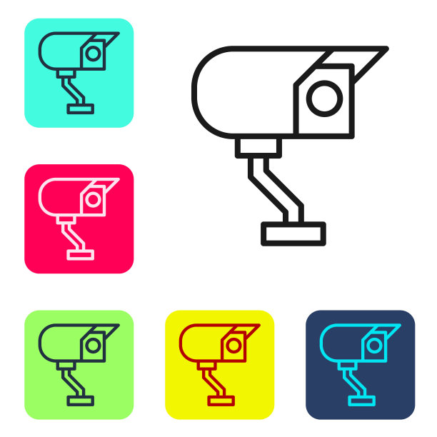 黑线安全摄像头图标隔离在白色背景。设置图标的颜色方形按钮。向量图片下载