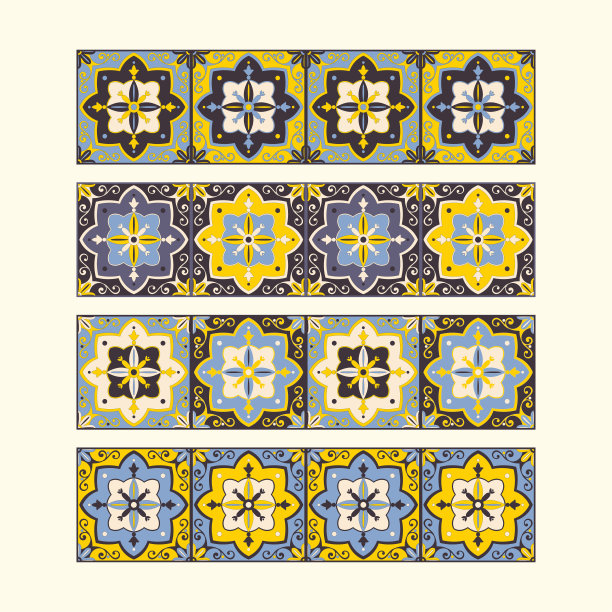 无缝的平铺边界模式矢量。蓝、黄、白镶嵌点缀纹理图片下载