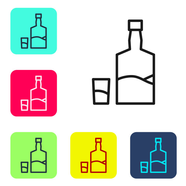 黑线龙舌兰瓶和小酒杯图标孤立在白色背景。墨西哥酒精饮料。设置图标为彩色方框按钮。向量图片下载