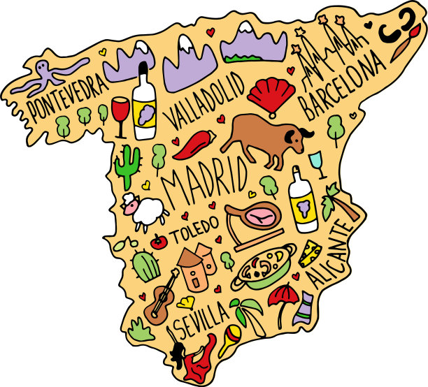 彩色手绘涂鸦西班牙地图西班牙城市图片下载