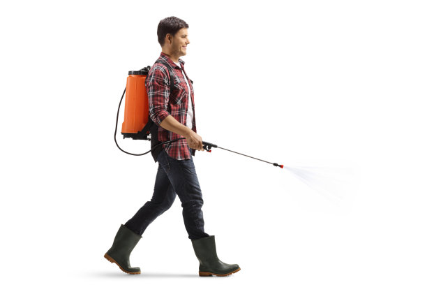 一个人在走路，还在喷洒消毒剂图片下载