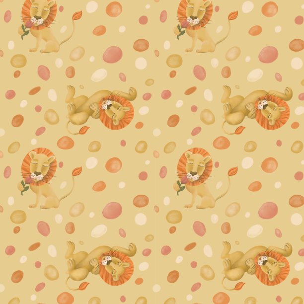 狮子卡通无缝图案画在柔和的金色图片下载