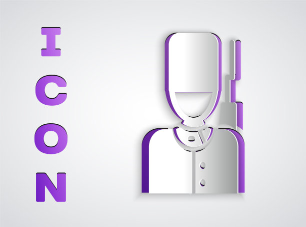 剪纸英国卫兵与熊皮帽行进图标孤立在灰色背景。纸艺术风格。向量图片下载