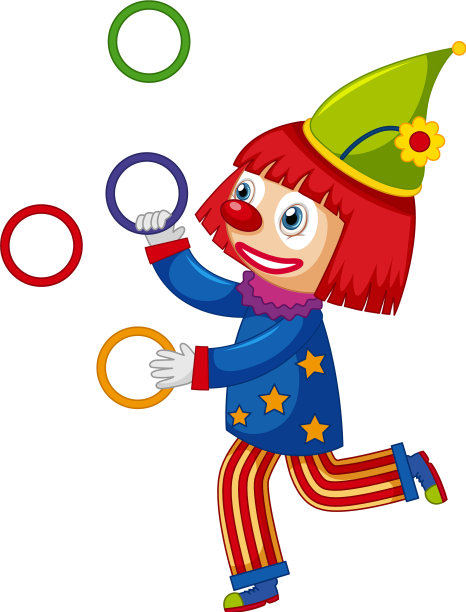 快乐的小丑在白色的彩环上杂耍图片下载