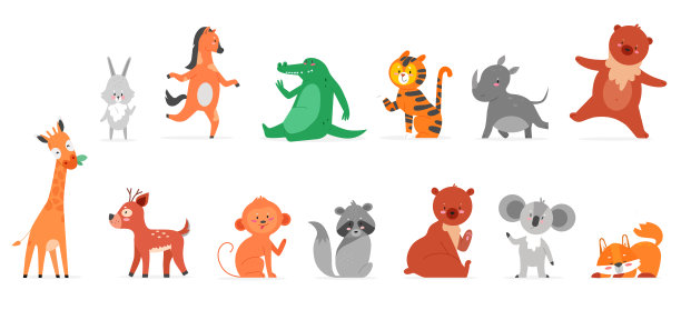 卡通动物平面矢量插画，有趣的野生动物园动物人物微笑挥手，可爱的野生动物收藏孤立在白色图片下载