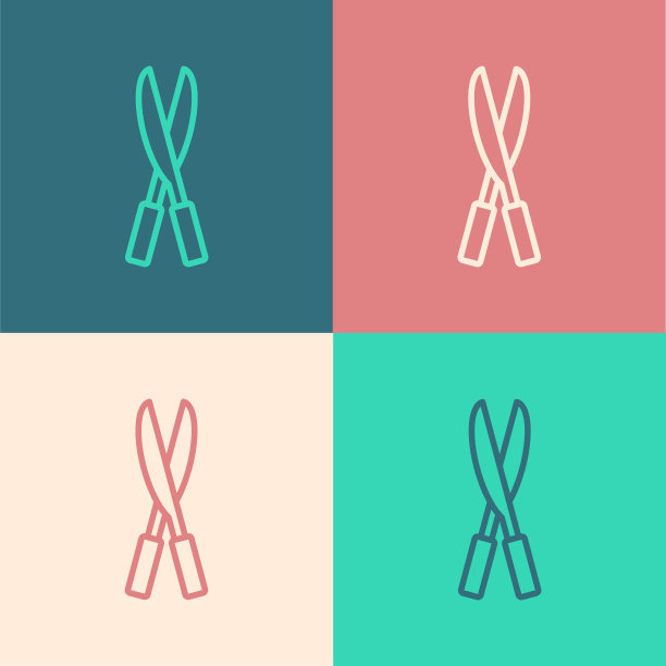 波普艺术线园艺手工剪刀修剪图标孤立的颜色背景。有木柄的修枝剪。向量图片下载