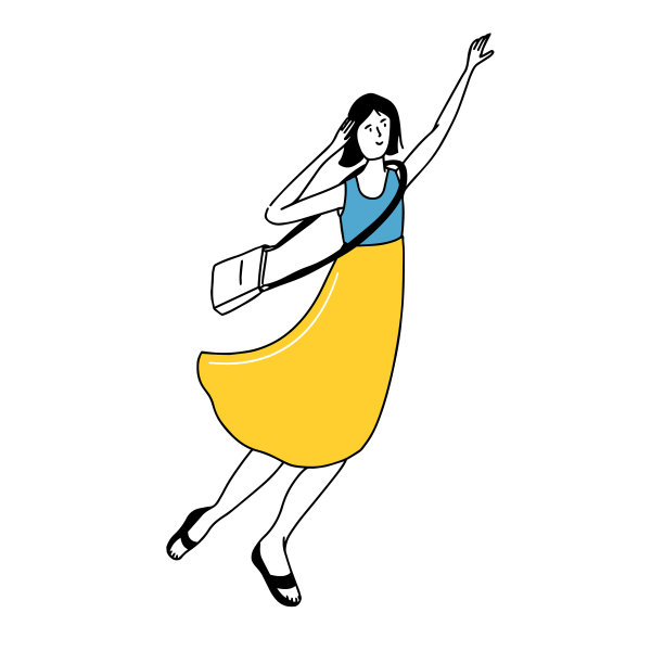 年轻粗心的女孩在黄色的裙子和斜挎包。快乐学生简单涂鸦插图图片下载