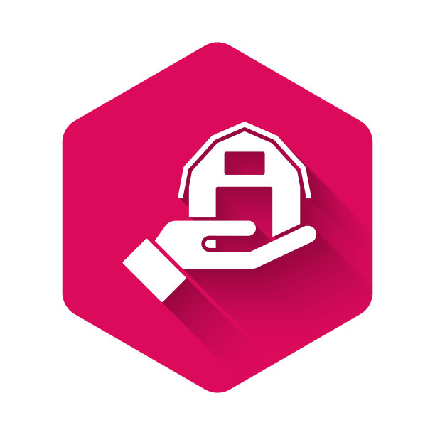 白色农场的房子在手中图标孤立与长影子。粉红色的六角按钮。向量图片下载