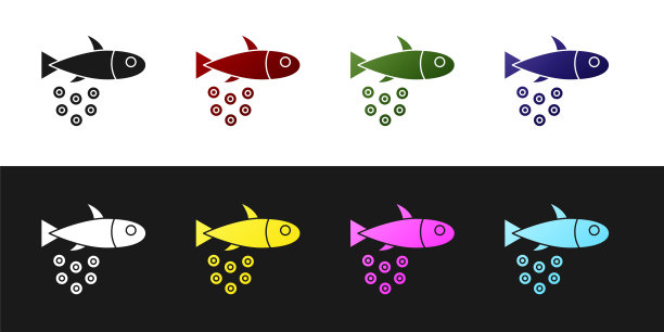 设置鱼与鱼子酱图标隔离在黑白背景。向量图片下载