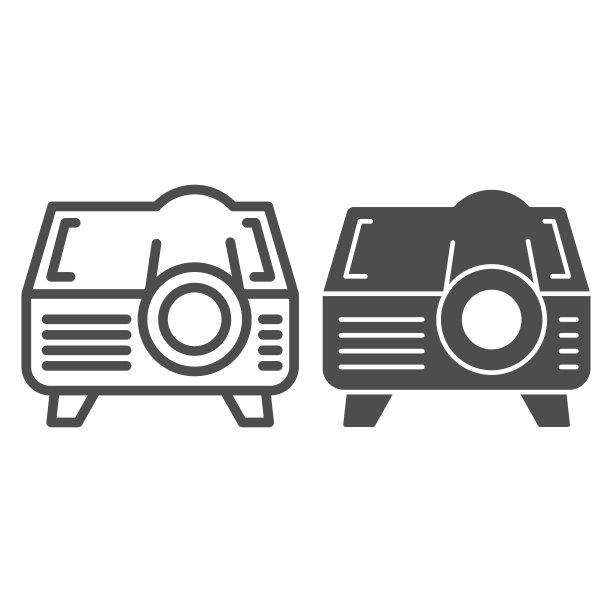 投影仪线和实体图标，共同工作的概念，视频设备标志在白色背景，视频投影仪图标的轮廓风格的移动概念和网页设计。矢量图形。图片下载