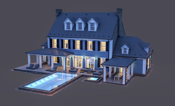 殖民风格的现代古典住宅的3d渲染，在夜晚孤立的黑色上图片下载