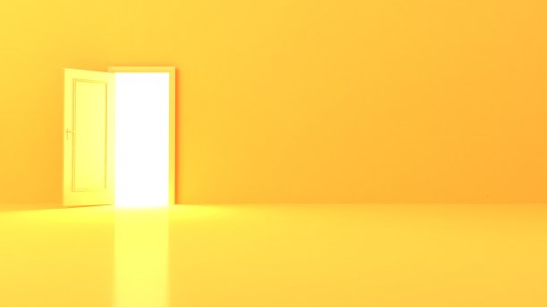 一个黄色的工作室背景与一个打开的门的3d插图图片下载