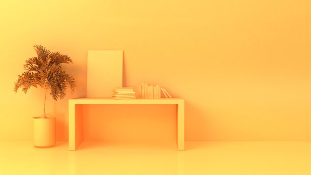 黄色工作室背景与桌子和花盆的3d插图图片下载