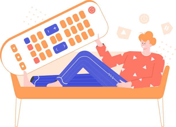 年轻人拿着遥控器躺在沙发上图片下载