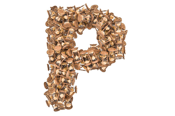 字母P来自沙漏，3D渲染孤立在白色背景上图片下载